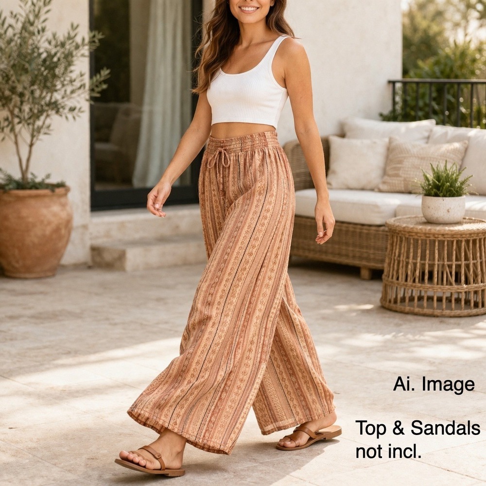 Boho Wide Leg Pants Earth Tone Stripe Elastic Waist Flowy Lg. Paper Crane Resort